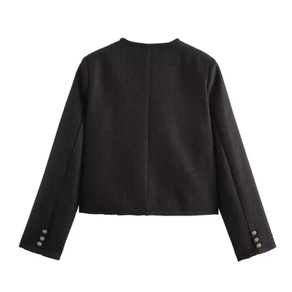 Autumn O Neck Soft Woolen Black Tweed Coat Cropped Front Pocket Single-breated Buttons Short Blazer Jacket