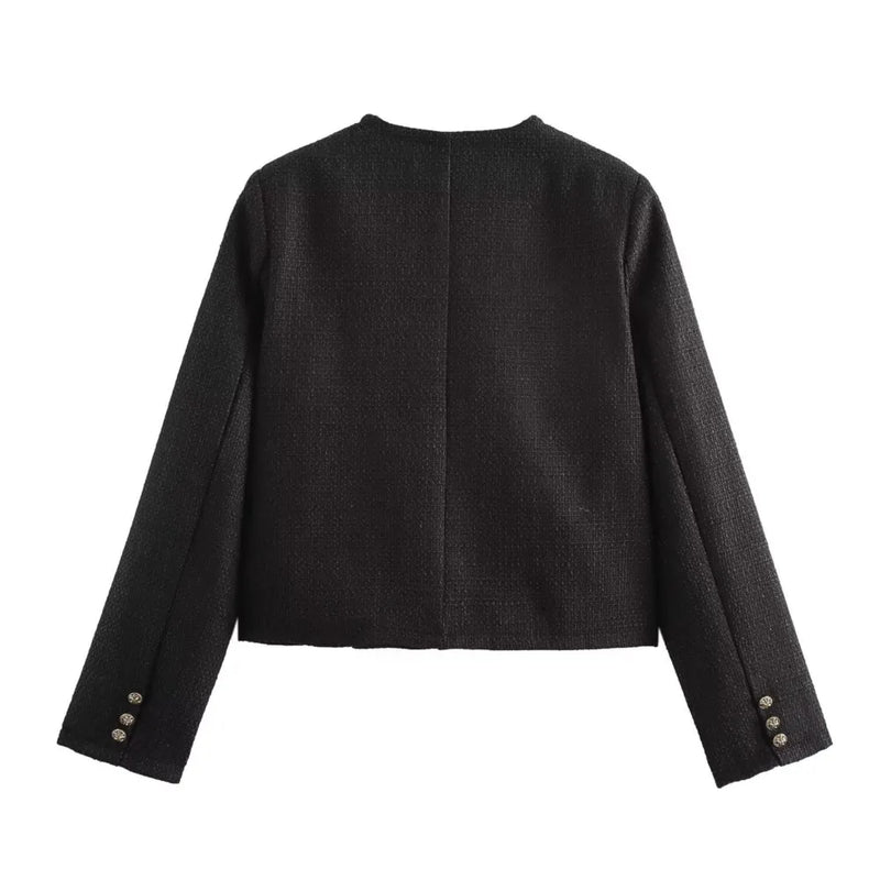 Autumn O Neck Soft Woolen Black Tweed Coat Cropped Front Pocket Single-breated Buttons Short Blazer Jacket