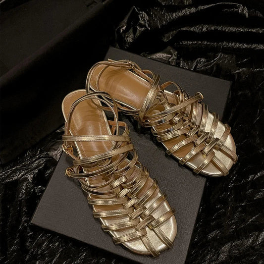 Design Rome Style Sandals Summer Low Heels Narrow Band Party Shoes Woman Genuine Leather Quality