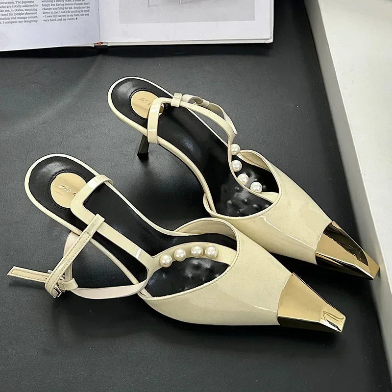 Metal Pointed Toe Thin High Heels Tstrap Pearl Party Dress Shoes Designer Pumps Sandals