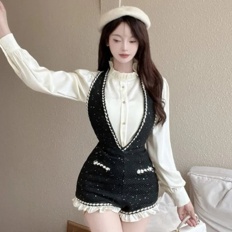 French Two-piece Set Ruffles O-neck Shirt Tweed Halter Short Overalls Autumn Y2k Outfits New