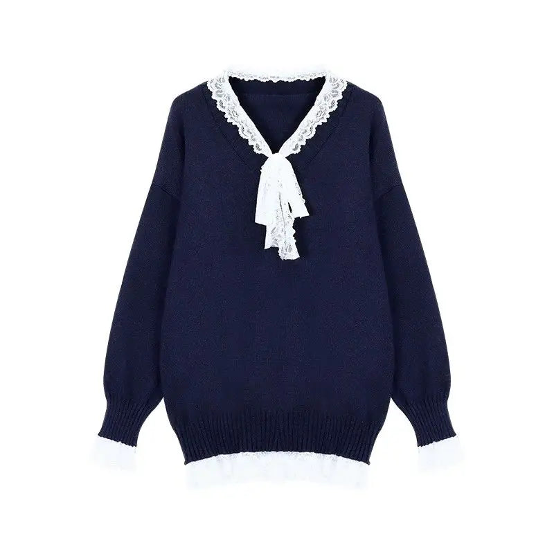 Knitted Sweater Lace Patchwork Bow V Neck Autumn Winter Pullover Long Sleeve Loose Stretch Female Jumper
