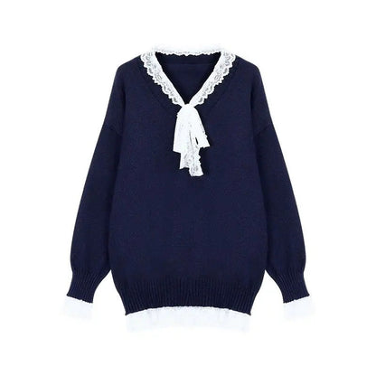 Knitted Sweater Lace Patchwork Bow V Neck Autumn Winter Pullover Long Sleeve Loose Stretch Female Jumper
