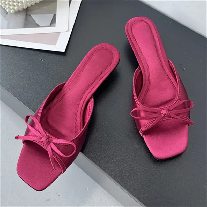 Summer Butterflykont Slippers Square Toe Party Dress Female Sandals Low Heels Shoes Large Size 43