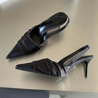 Satin Pleat Pointed Toe Pumps Slingbacks Thin Heels Shoes Banquet Party Female Sandals