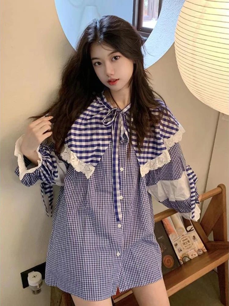 Plaid Shirts Lace Patchwork Ruffles Peter Pan Collar Long Sleeve Spring Sweet Bandage Loose Blouse Female Tops