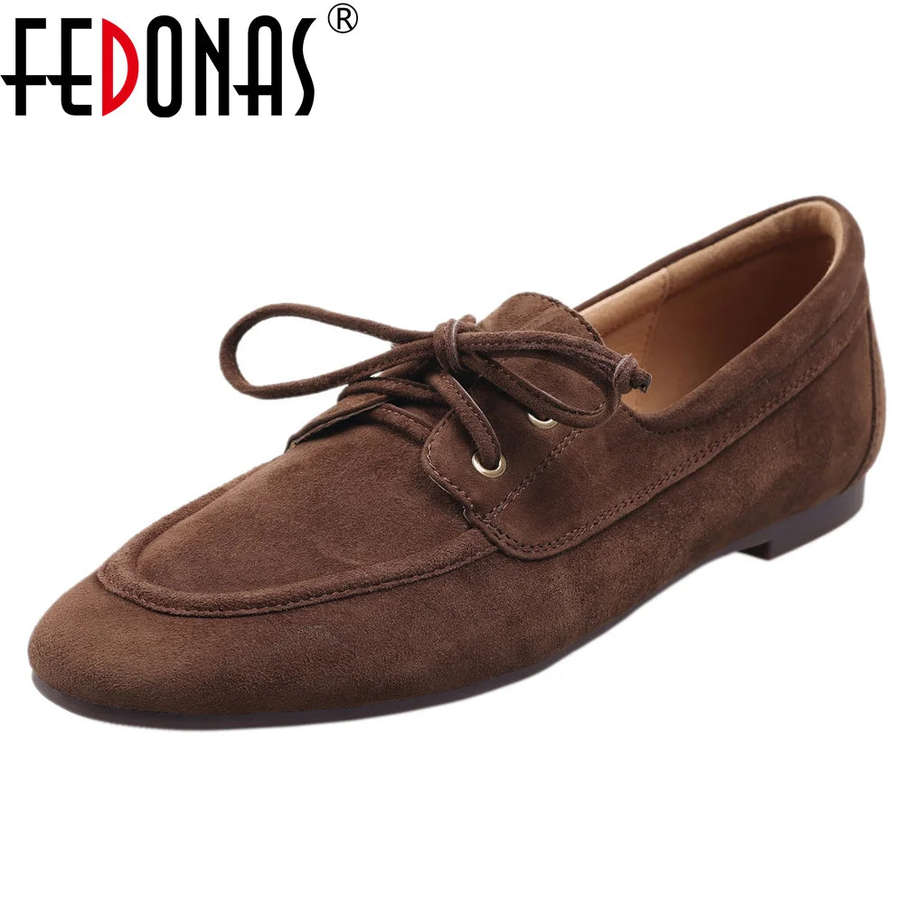 Ballet Flats Shoes Suede Leather Lace Up Loafers Flats Heels Street Office Lady Loafers Shoe