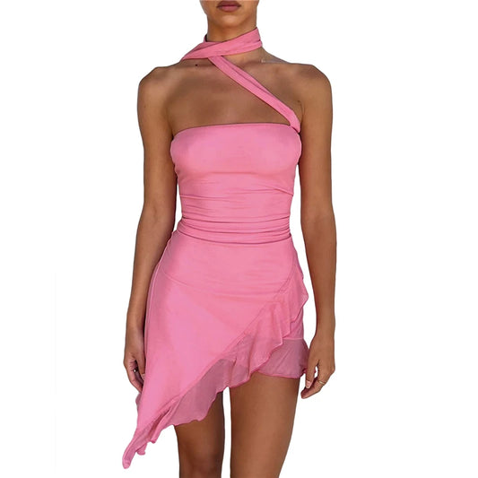 Ruffled Dresses for Summer Color Sleeveless Halterneck Backless Irregular Hem Midi Dress Y2k Party Dress