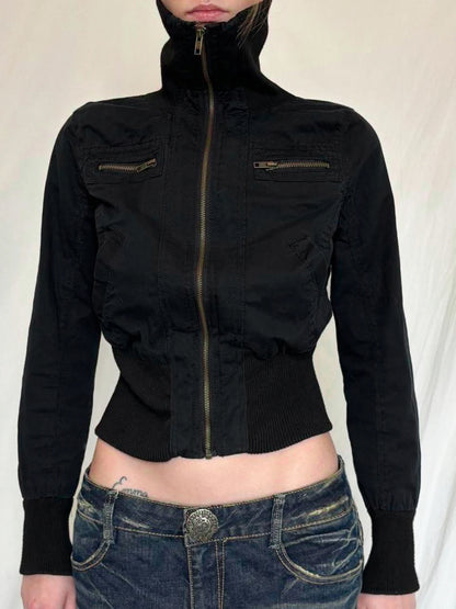 Korean Street Style Black Zip Up Turtleneck Slim Long Sleeve Bomber Jackets for Autumn New Gothic Outwears