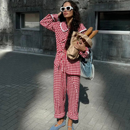 Red Plaid Wide Leg Pants Sets Long Sleeve Lace-up Blouse+elastic Waist Trouser Lace Trim 2 Piece Set New