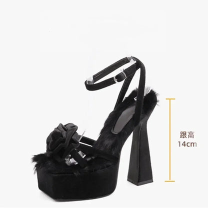 Super High 14cm High Heels Summer Comfort Plush Design Chunky High Heel Sandals Banquet Dress Shoes
