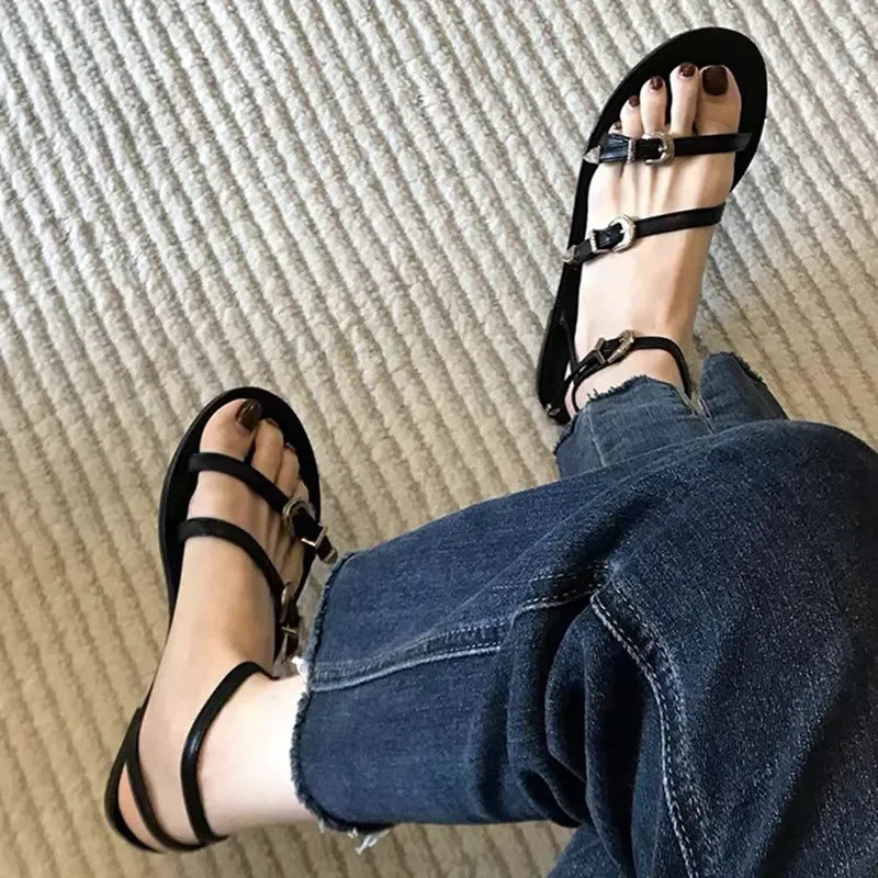 Multi Metal Buckle Design Flat Sandals Summer Open Toe Anklewrap Beach Roman Sandals Dress Shoes