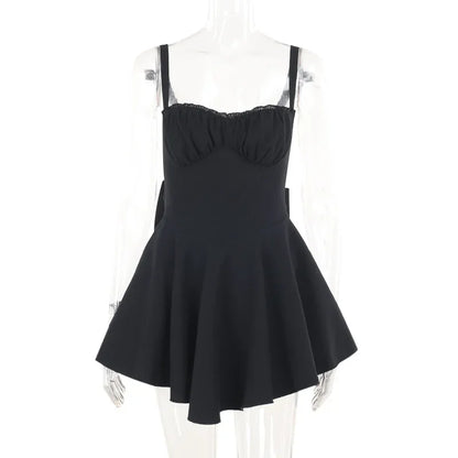 Bows Spaghetti Strap Dress for Plunge Bodycon Mini Dress Zipper A-line Backless Folds Party Dress High Waist