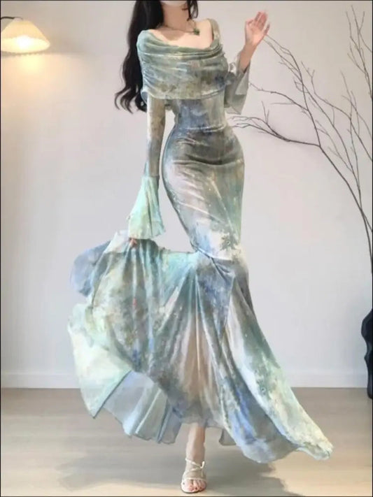 Evening Party Midi Dress Summer Long Sleeve Slash Neck Dress One Piece Dress Korean