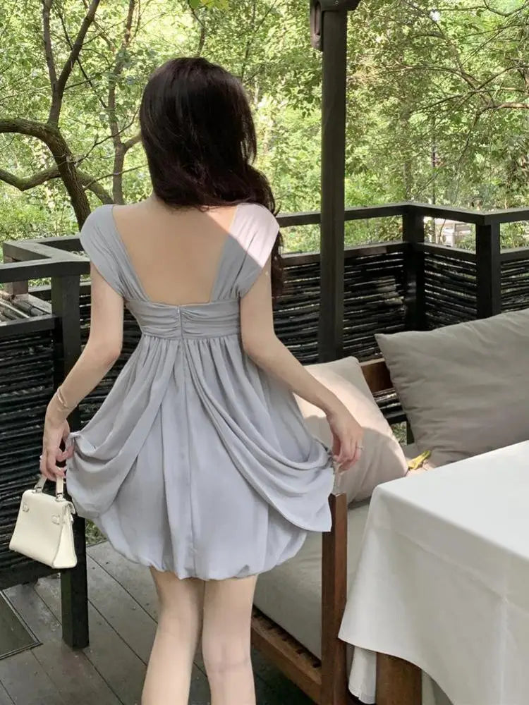 Summer New Gray High Waist Vacation Backless Slip Mini Dress Club Sleeveless Pleated Short Dress Trend