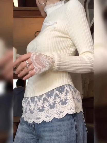 Sweet Hot Girl Lace Patchwork Semiturtleneck Knitwear Autumn/winter Bow Slimfit Sweater Female Clothes