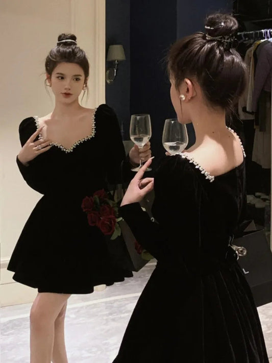 French Velvet Evening Robe for Autumn Diamonds Long Sleeve High Waist Mini Dresses Birthday Party Prom Clothing