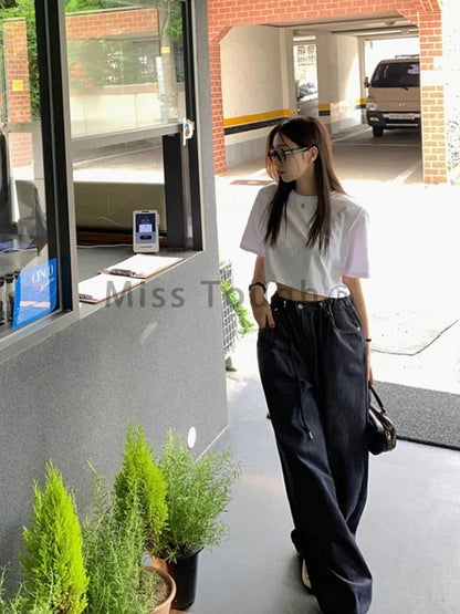 Korea High Waist Jeans New Drawstring Loose All Match Trousers Blue Design Wide Leg Pants Autumn