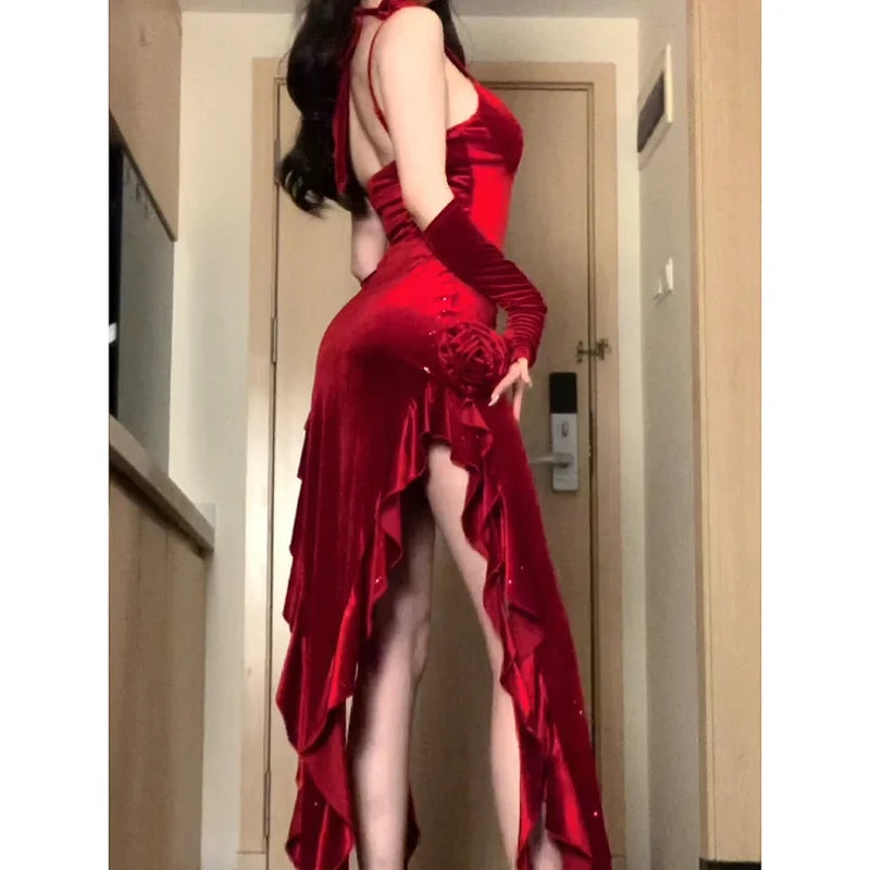 Christmas Limited Dress Red Rose Onepiece Female Sleeveless Y2k Long Dress Female Offshoulder Retro Irregular Dress