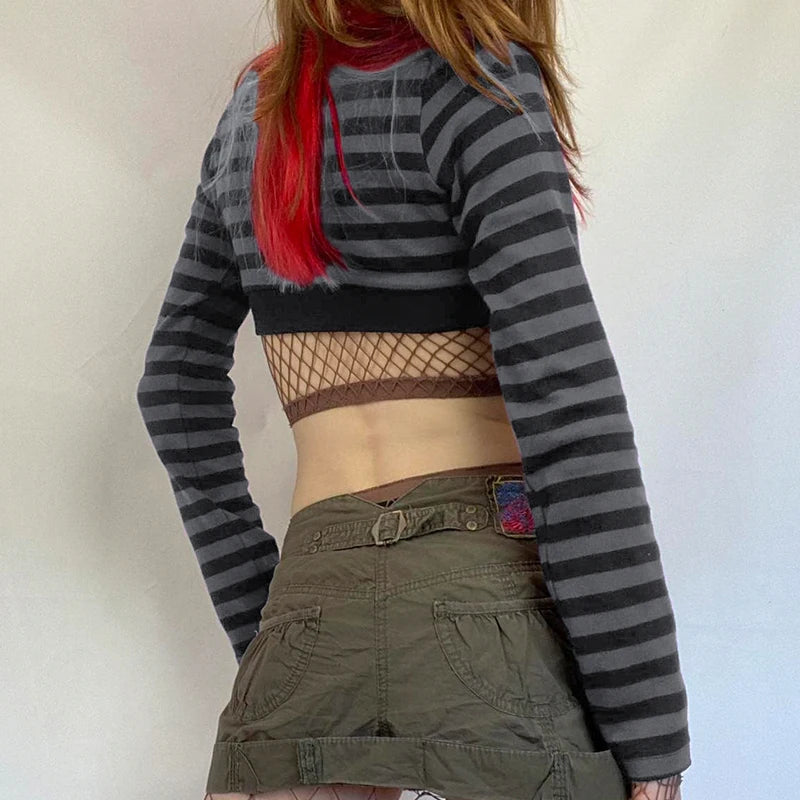 Y2k Striped Crop Top Button O-neck Long Sleeves Cardigan T-shirt Retro Harajuku Grunge Super-short Smock Top Tees
