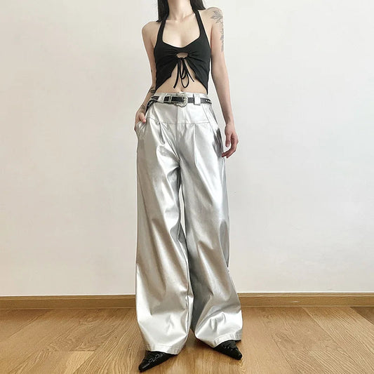 Silver Retro Matte Personalized Allmatch High Street Cool Confident Autumn Wide Leg Pants