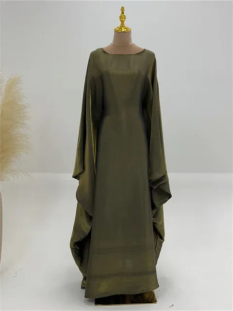 Autumn Loose Shiny Maxi Dress ’s Butterfly Batwing Long Sleeve Muslim Clothes Party Dress Female Long Dress New