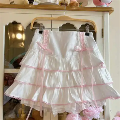 High Waist Bow Laceup Fairy Y2k Aesthetic Cake Mini Skirts Japanese Harajuku Kawaii Lace Pleated Skirts