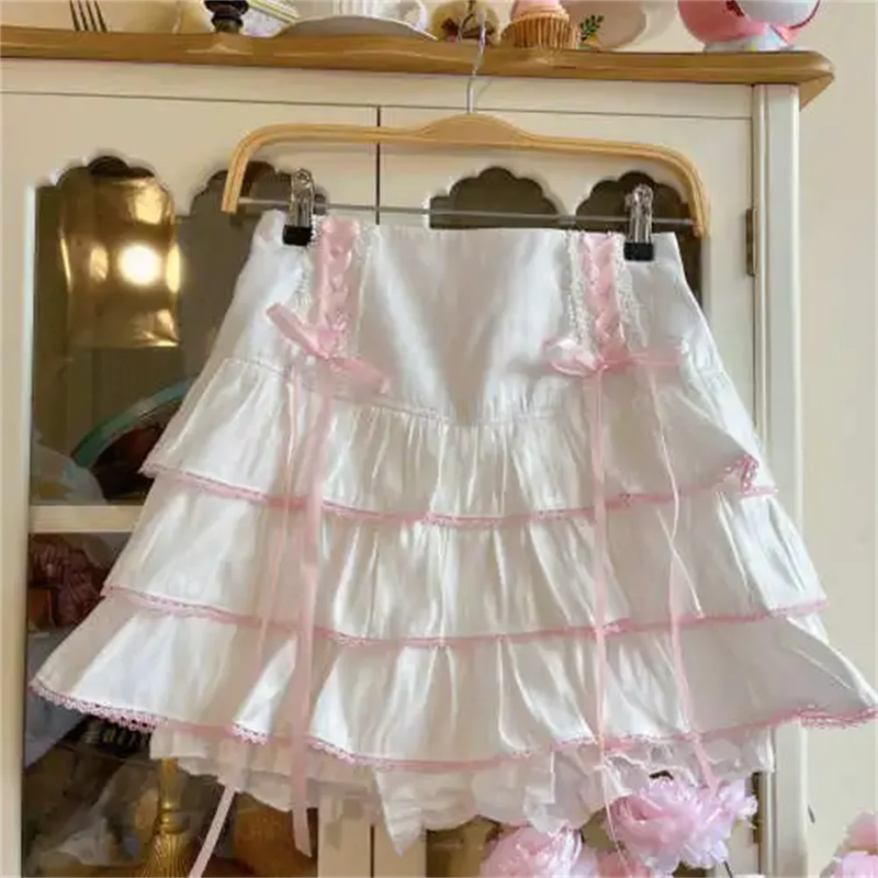 High Waist Bow Laceup Fairy Y2k Aesthetic Cake Mini Skirts Japanese Harajuku Kawaii Lace Pleated Skirts