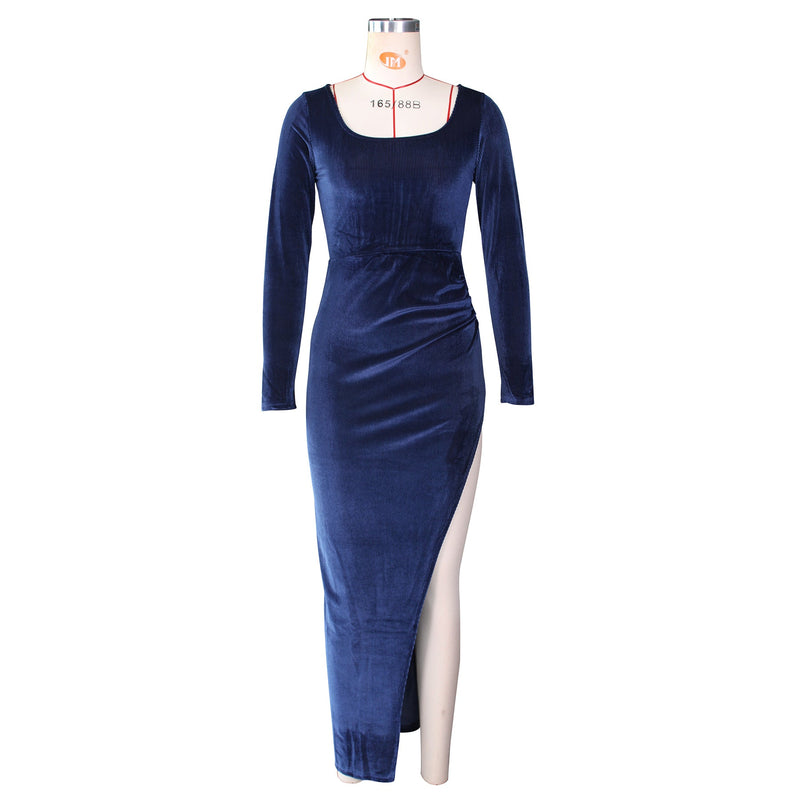 Velvet High Waist Slit Maxi Dress Long Sleeve Evening Party Dress