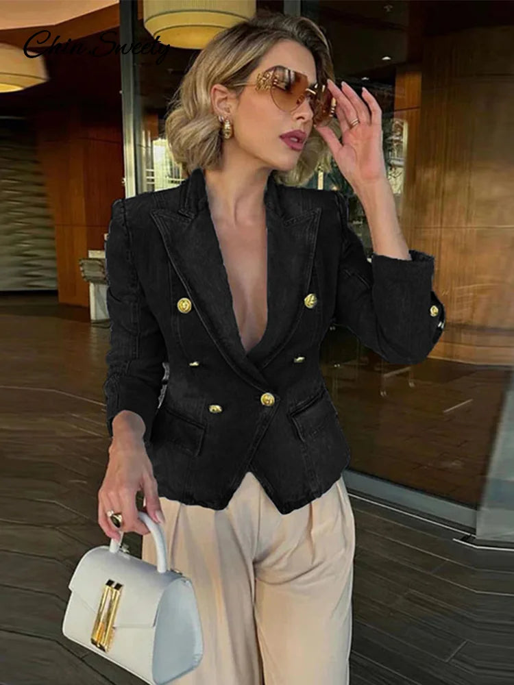 Slim Cropped Denim Jacket Lapel Long Sleeve Double Breasted Blazer Coat Female Spring Summer High Street Outwears