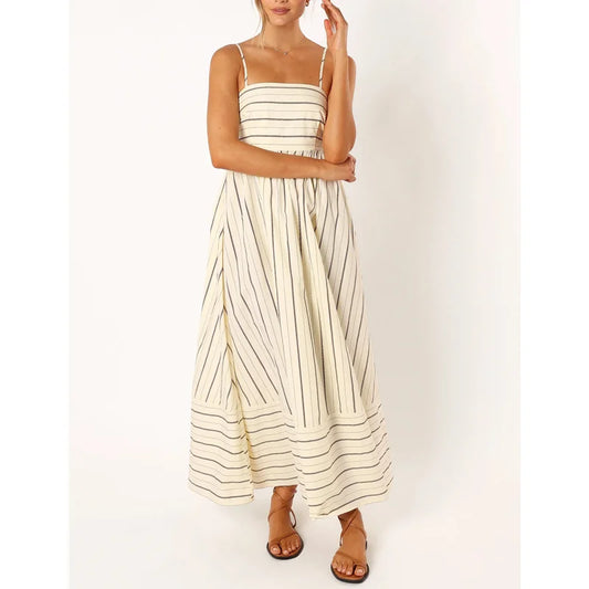 Vacation Dresses Summer Striped Spaghetti Strap Sleeveless High Waist a Line Long Dresses Party Clubwear