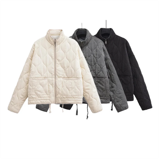 Winter New ’s Clothing Style Commuting Leisure Warm Stand Collar Loose Pocket Diamond Grid Cotton Coat