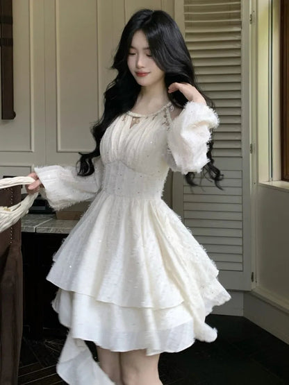 Irregular Ruffles Shell Decoration Mini Dress Autumn Winter Long Sleeve Off Shoulder Fairy Evening Sequin Vestidos