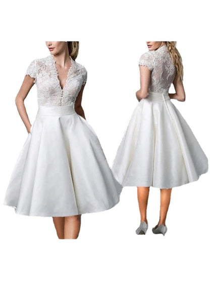 Summer New American Temperament White Lace Dress Stitching Vneck Shortsleeved Party Dresses