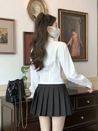 White Long Sleeve Crop Shirt Slim Tunic Button Up Basic Blouse School Top Female Swallow Tail Formal