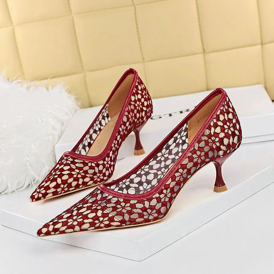 Summer Shoes Banquet Shoes Fine Heel High Heel Pointed Headed Mesh Hollow Lace Shoes