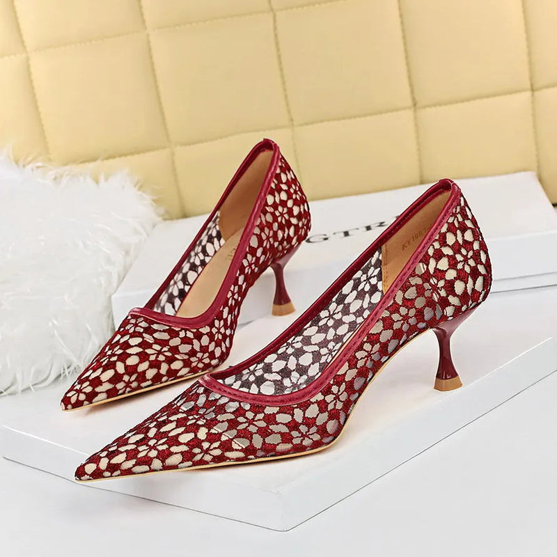 Summer Shoes Banquet Shoes Fine Heel High Heel Pointed Headed Mesh Hollow Lace Shoes