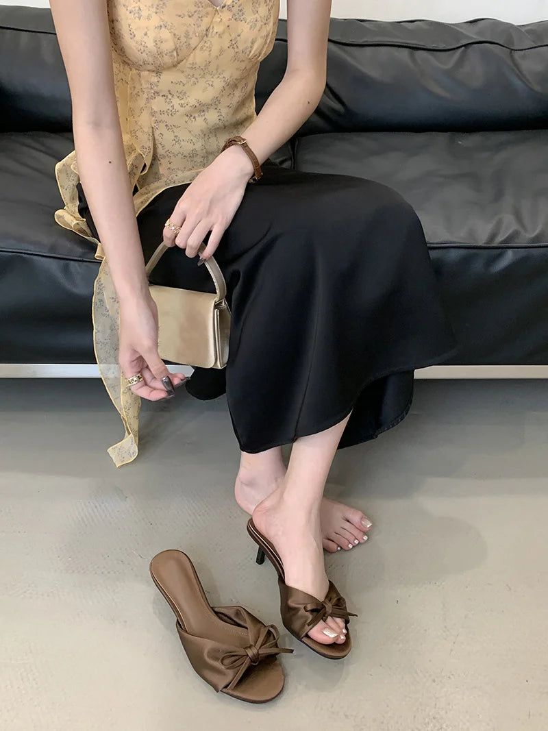 Summer Silk Butterfly Knot Slippers Sandals Shallow Open Toe Thin Low Heels Mules Slides Shoes Zapatos Mujer