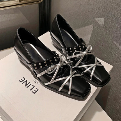 Rivet Platform Mary Jane Shoes Square Toe Pumps Winter New Cross Strap Bow Chunky Designer Shoes