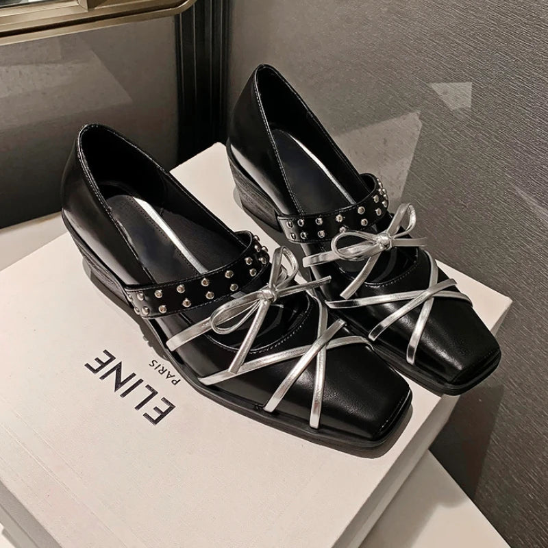 Rivet Platform Mary Jane Shoes Square Toe Pumps Winter New Cross Strap Bow Chunky Designer Shoes
