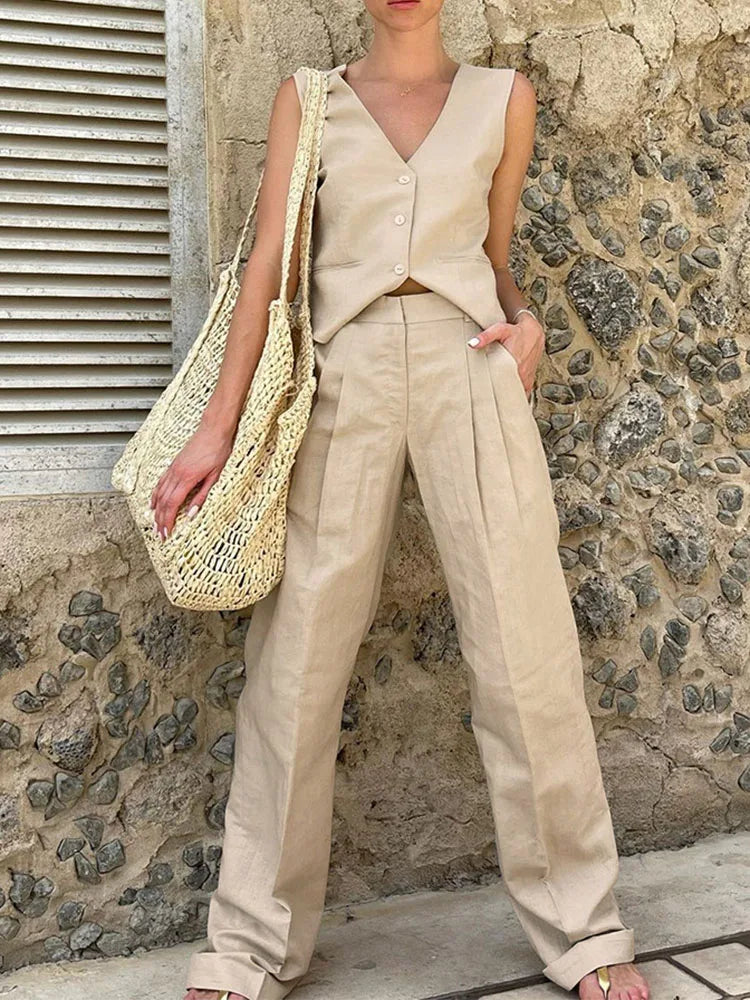 Loose Pant Sets Woman High Waist Baggy Trouser Suit for Summer V Neck Vest 2 Piece Suits Outfits 2