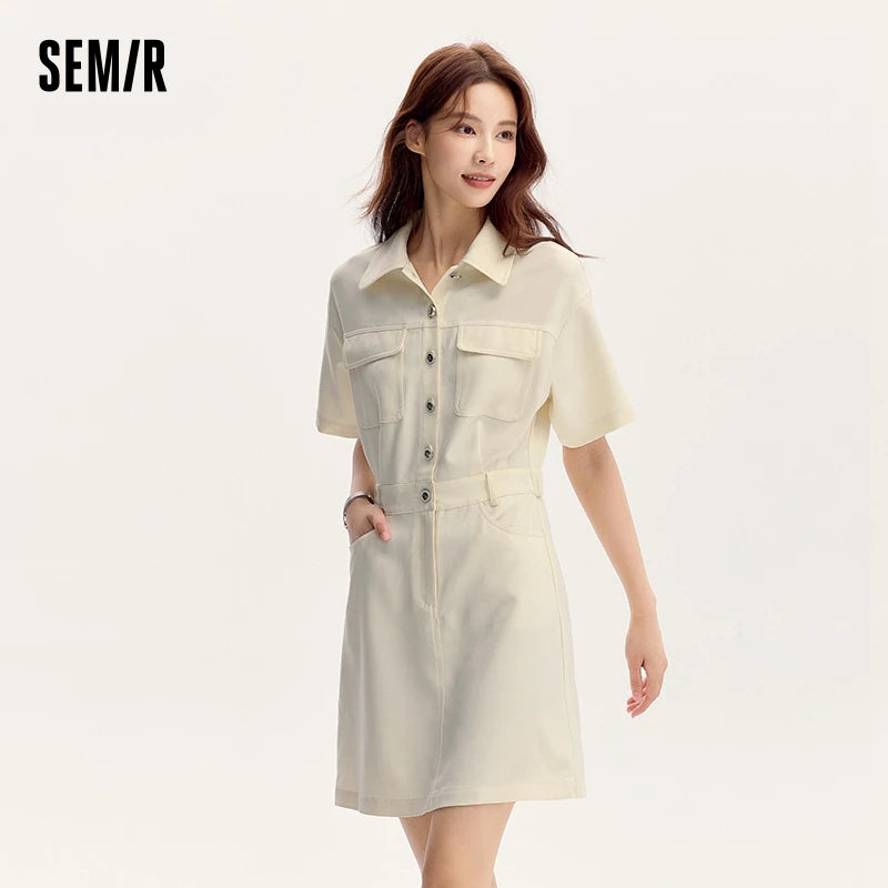 Dress Turn-down Collar Stylish and Summer New Simple and Sweet Waist-cinching Short Skirt
