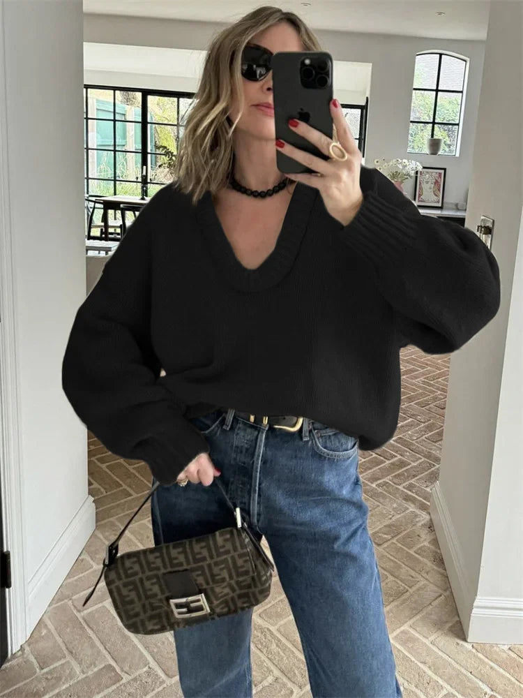 Autumn Knit Sweater Pullover Loose Female Patchwork Scoop Neck Striped Long Sleeve Knitwear Y2k Top Pullover