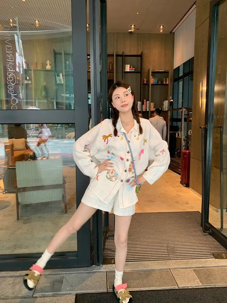 Sweet Embroidery Loose Shirts Stripe Lapel Blouses Two Piece Set Korean Blusa Mujer Moda