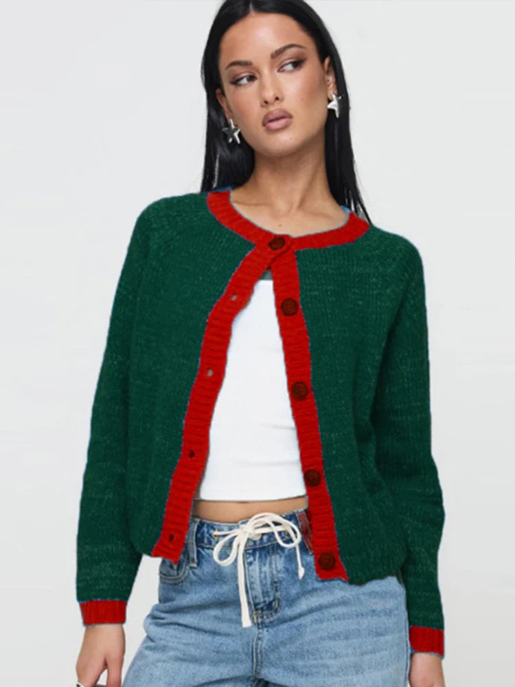 Knitted Single-breasted Cardigan Loose Contrast Color O-neck Pullover Sweaters Female Autumn Street Tops