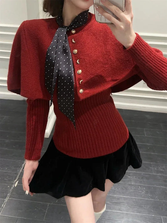 Red Poncho Sweater Ribbed Knitwear Twopiece Set Pullover Korean Cutecore Long Sleeve Christmas Clothes