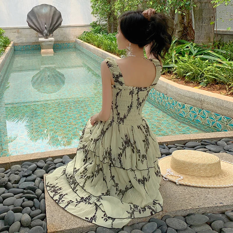 Retro Cascading Ruffles Flower Print Yellow Cake Midi Dresses New Summer Special Design Camisole Clothing Mujer