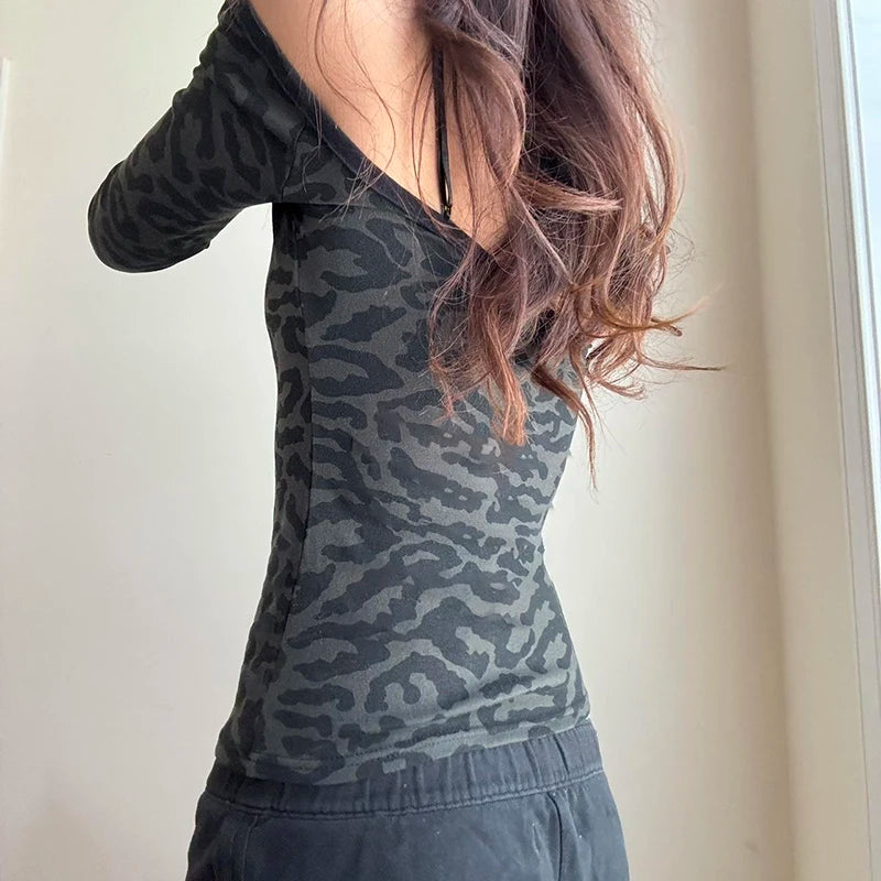 Animal Patterns Lace Strappy T-shirt Off Shoulder Fitted Cropped Top Y2k Long Sleeve Tee Street Outfits