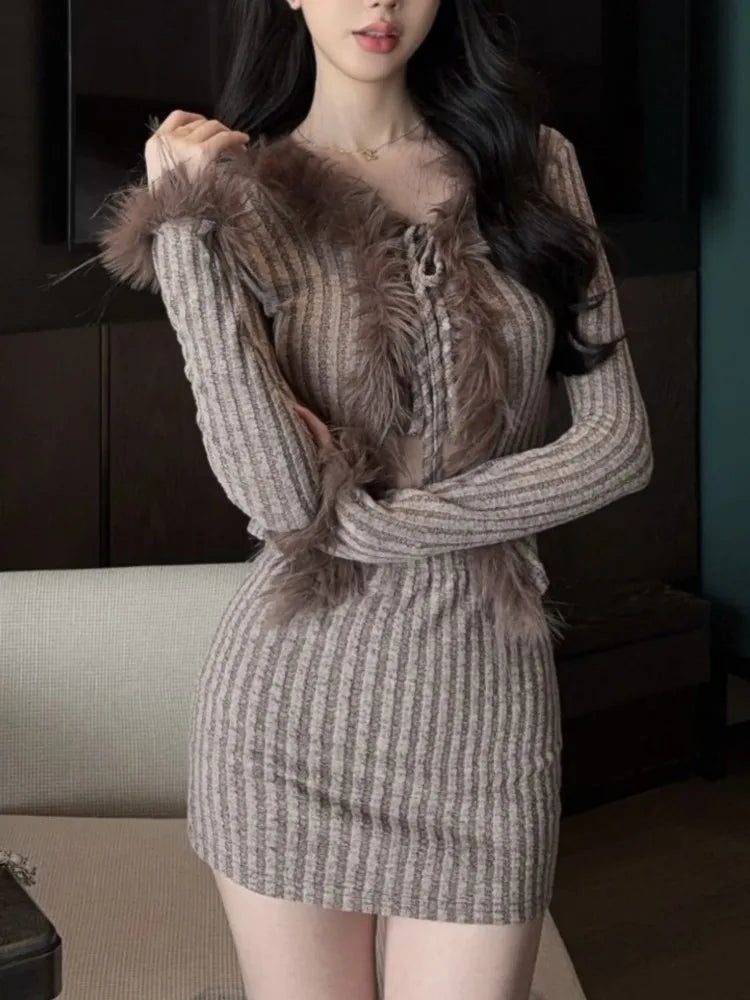 Y2k Knitted Skirt Suits Sweet Vneck Bandage Cardigan Short Top Elastic Waist Mini Skirt Two Pieces Set New Outfits