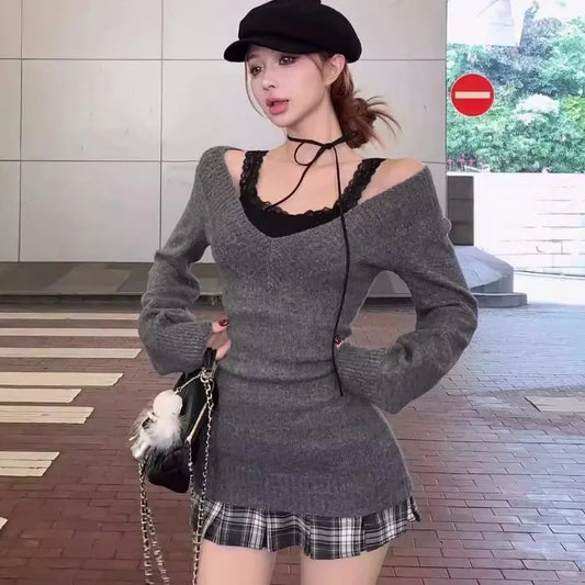 Autumn Winter Woman Gyaru V-neck French Sweater Long Sleeve Pullover Knitwear Mini Skirt 2000s Aesthetic 3-piece Outfits
